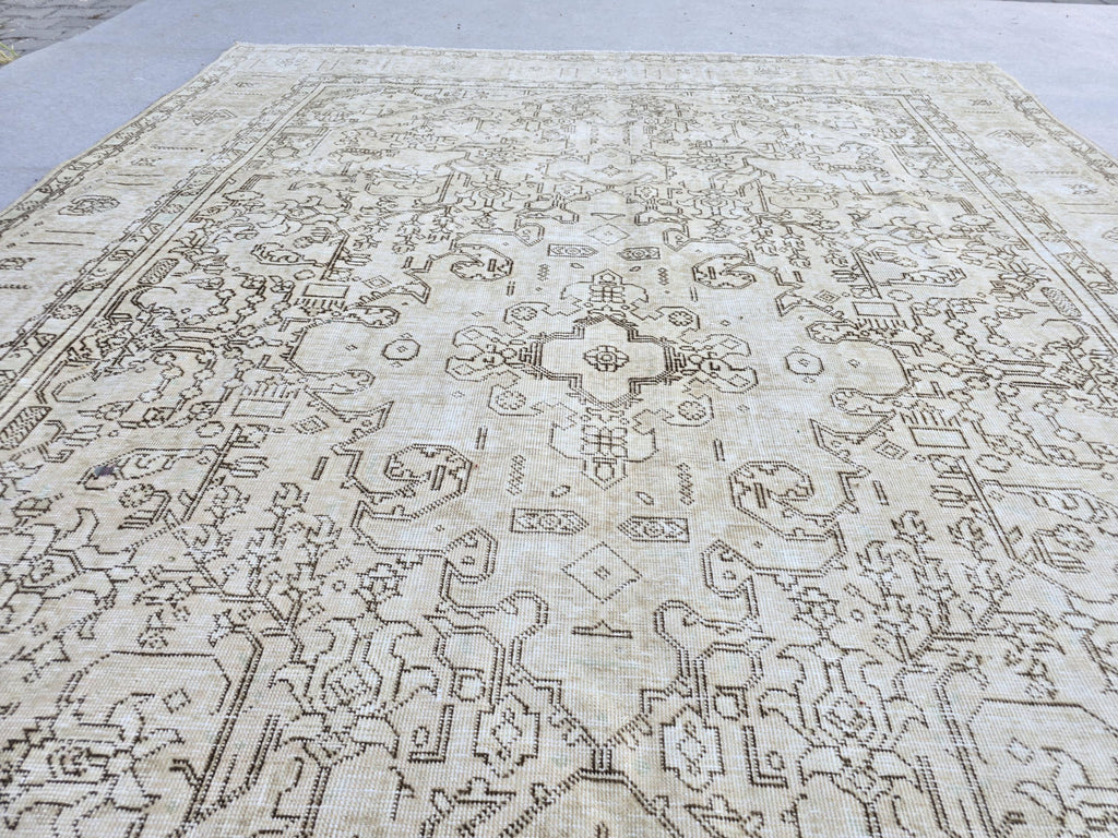 Oushak Rug 8x11, Antique Turkish Carpet, Ivory Brown Wool Rug, Hand Knotted Floral Area Rug, Neutral Dining Room Rug, Boho Decor Rug,
