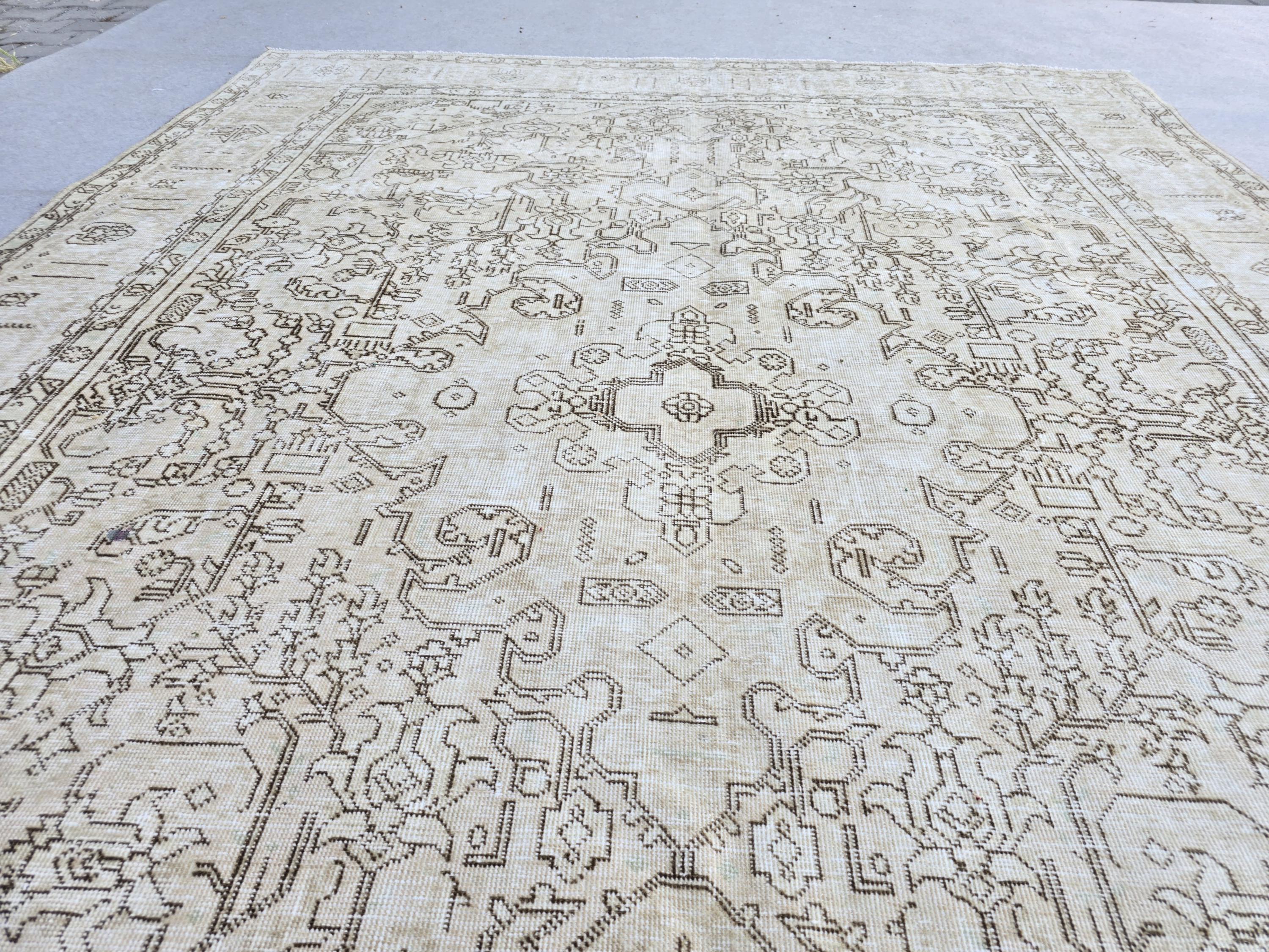 Oushak Rug 8x11, Antique Turkish Carpet, Ivory Brown Wool Rug, Hand Knotted Floral Area Rug, Neutral Dining Room Rug, Boho Decor Rug,