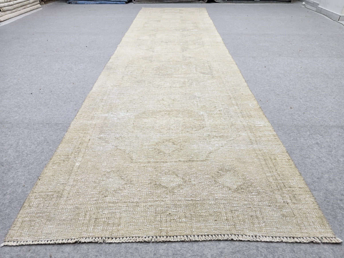 Turkish Rug 3x12 Runner, Vintage Rug for Hallway, Neutral Beige Wool Runner Rug, Cream Kitchen Rug, Boho Entryway Decor, Faded Wool Rug