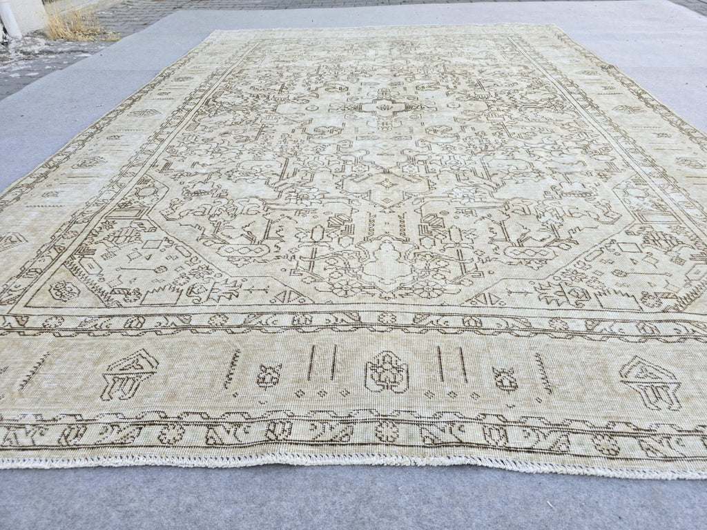 Oushak Rug 8x11, Antique Turkish Carpet, Ivory Brown Wool Rug, Hand Knotted Floral Area Rug, Neutral Dining Room Rug, Boho Decor Rug,