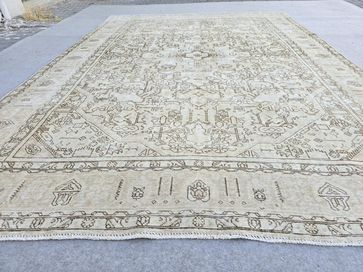 Oushak Rug 8x11, Antique Turkish Carpet, Ivory Brown Wool Rug, Hand Knotted Floral Area Rug, Neutral Dining Room Rug, Boho Decor Rug,