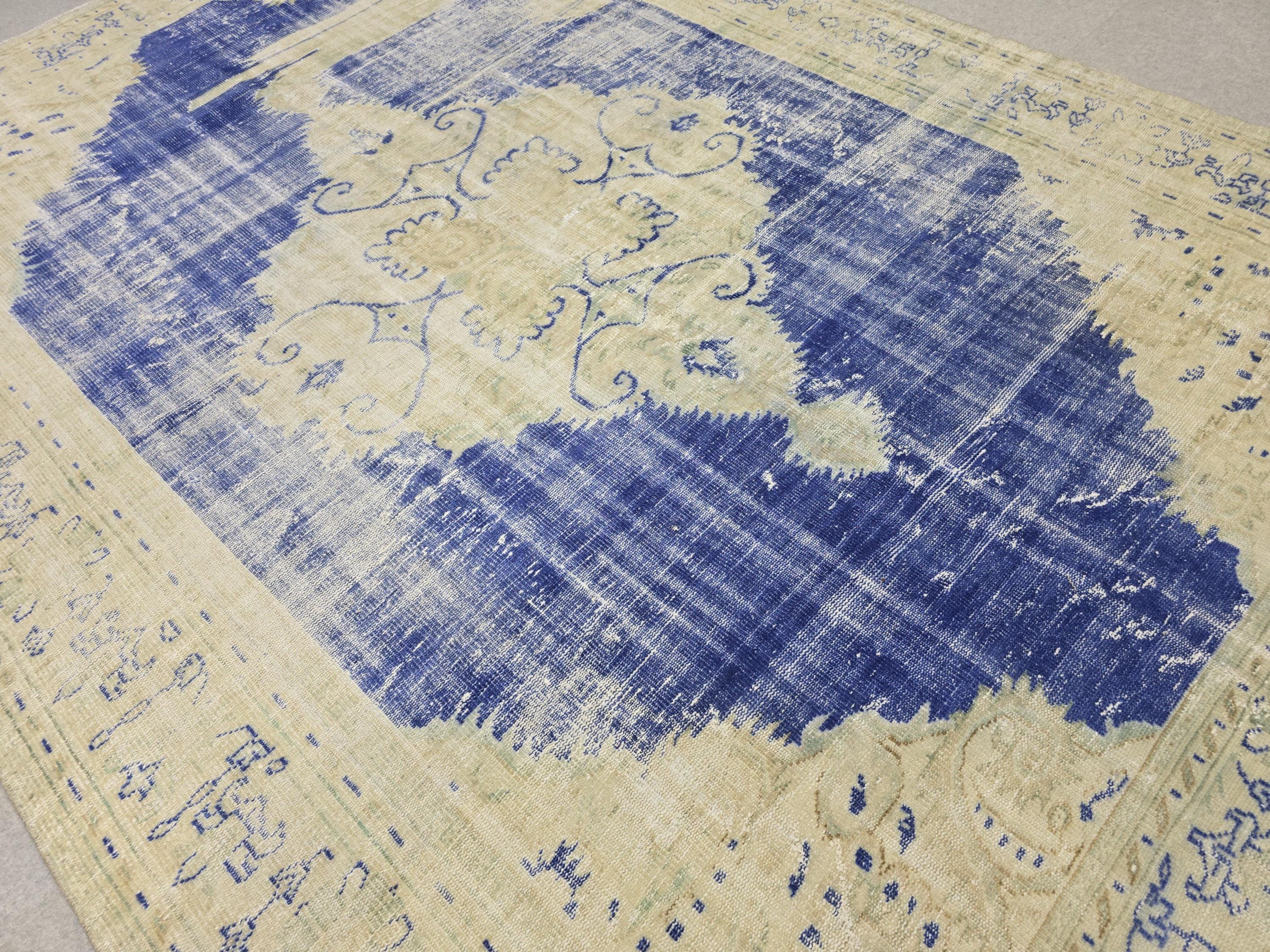 Vintage Turkish Oushak Rug 7x10, Cream Blue Oriental Wool Carpet