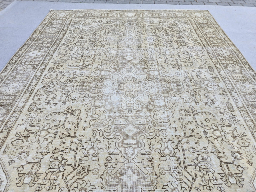 Vintage Turkish Rug, Neutral Beige 8x11 Area Rug, Handwoven Distressed Medallion Rug