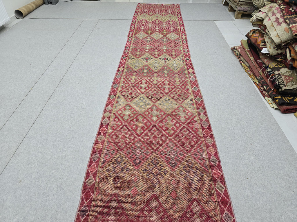 3x14 Vintage Oushak Runner Rug: Hand-Knotted Wool Turkish runner rug for Kitchen and Stairs - Long Hallway runner (2.75x14.4 ft)