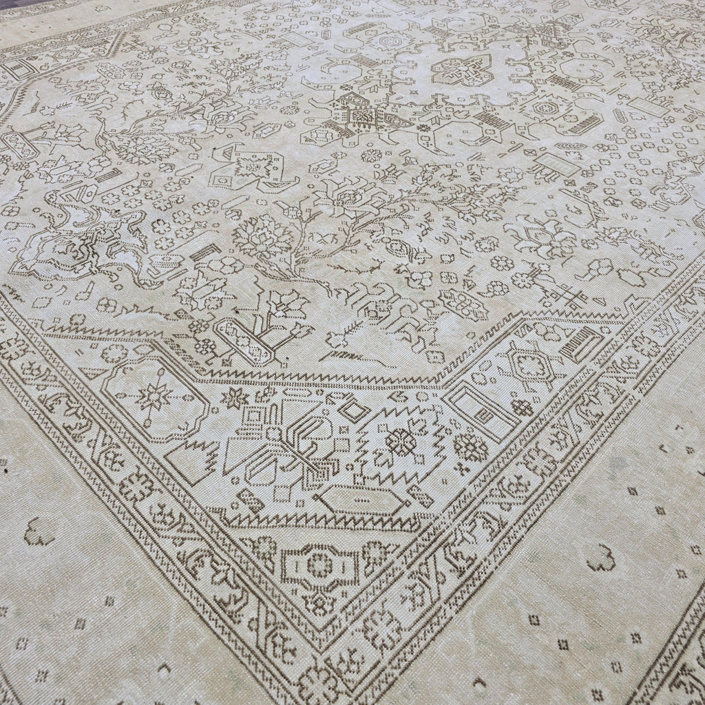 Oushak Rug 8x11: Vintage Turkish Wool Area Rug, Neutral Distressed Geometric