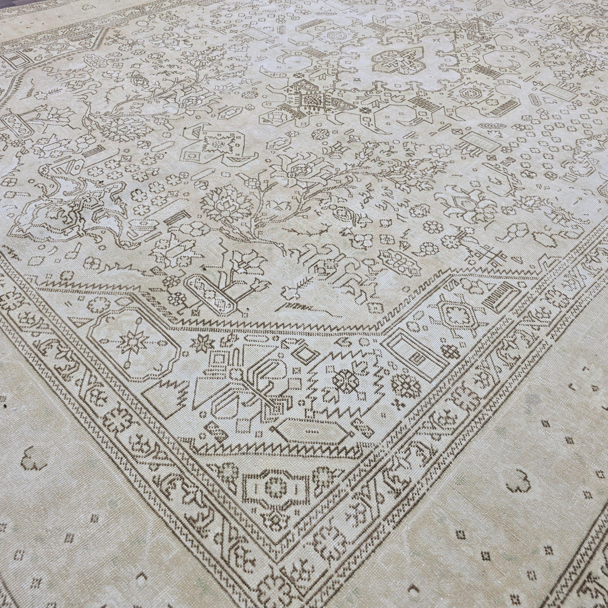 Oushak Rug 8x11: Vintage Turkish Wool Area Rug, Neutral Distressed Geometric