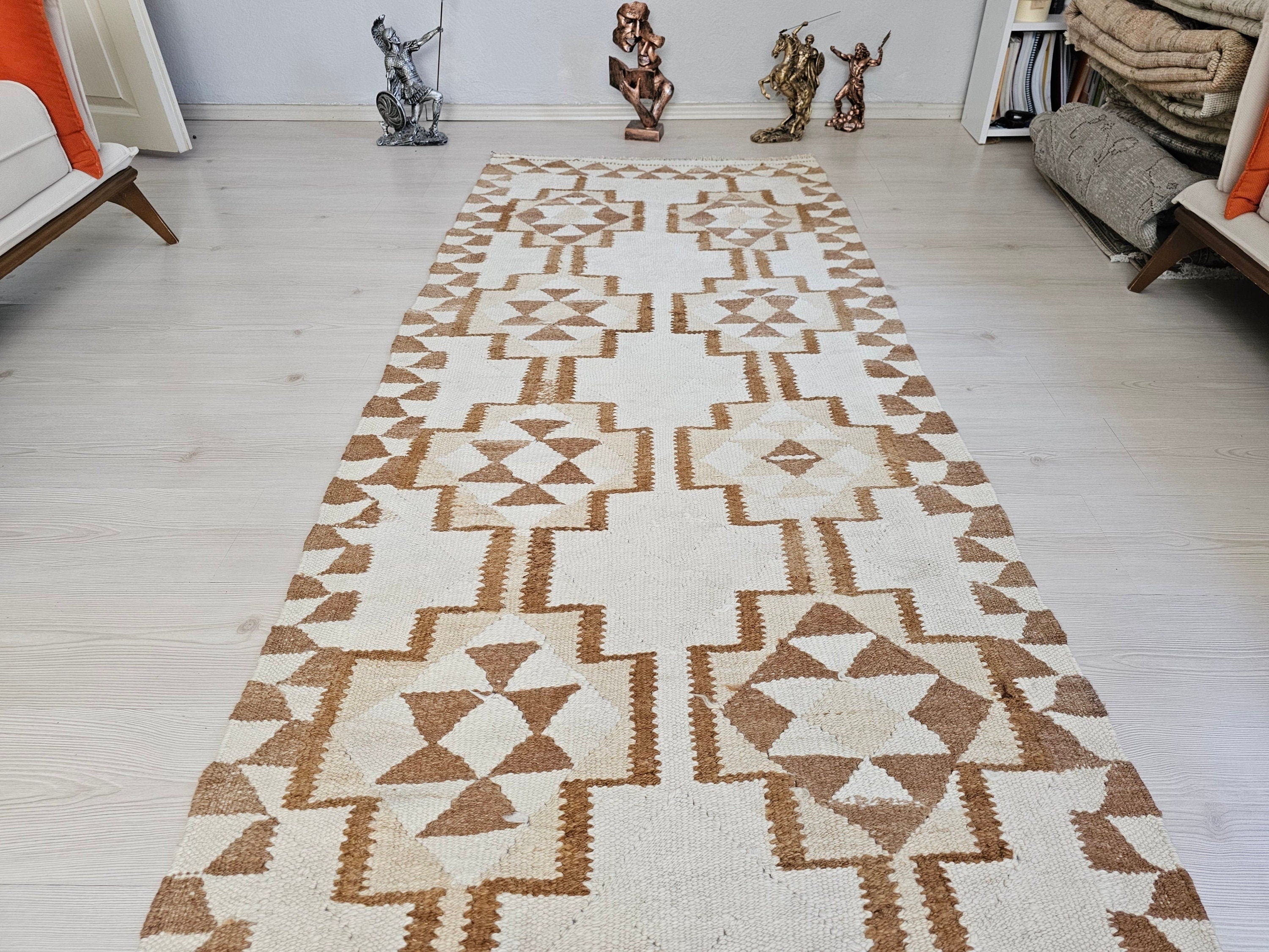 Vintage Turkish Oushak Runner Rug: Neutral Geometric Wool Hallway Rug (3.10x10.70 feet)