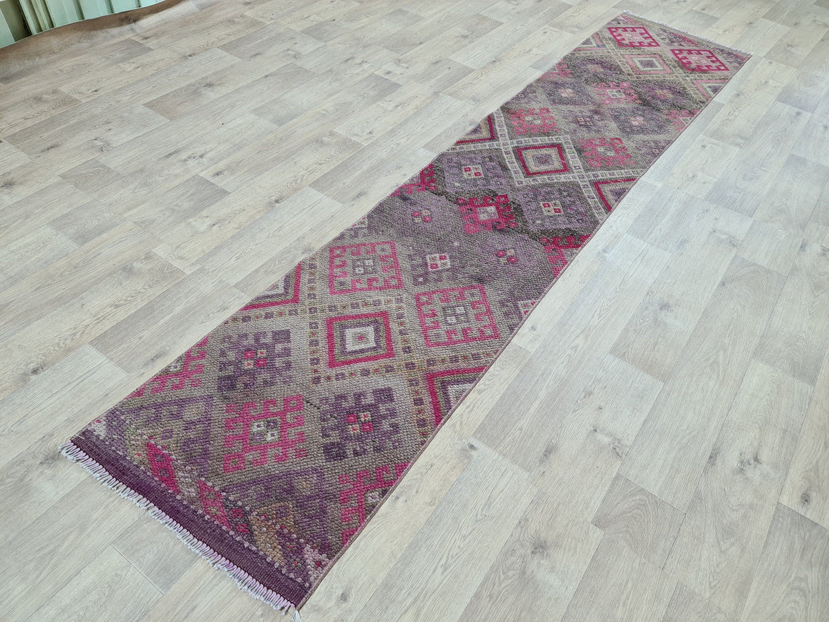 Hand Knotted Wool Herki Runner Rug: Vintage Turkish Hallway Rug