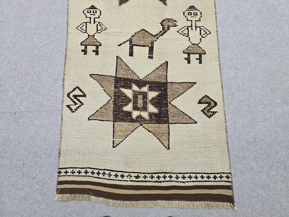 3x13 Vintage Runner Rug, Ivory Cream Diamond Tribal Hallway Carpet, Neutral Geometric Wool Long Runner, Boho Scandinavian Decor Animal Rug