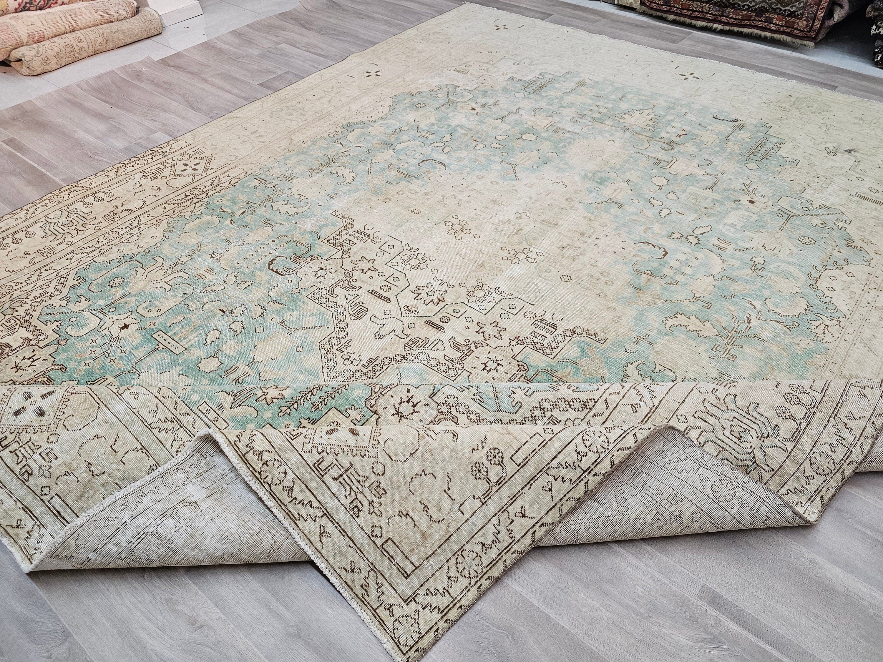 Oversize Hand-Knotted Wool Turkish Rug: Beige & Sage Green Oushak (9.80x12.20 ft)
