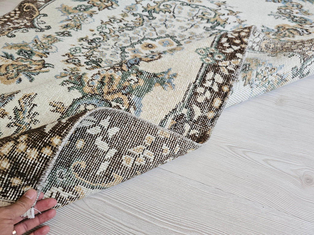 4x7 Vintage Turkish Oushak Rug Cream Brown Neutral Rug