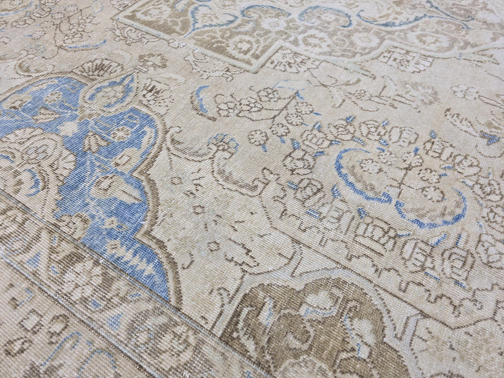 Oversized Vintage Turkish Rug 9x12: Hand-Knotted Distressed Beige Blue Rug