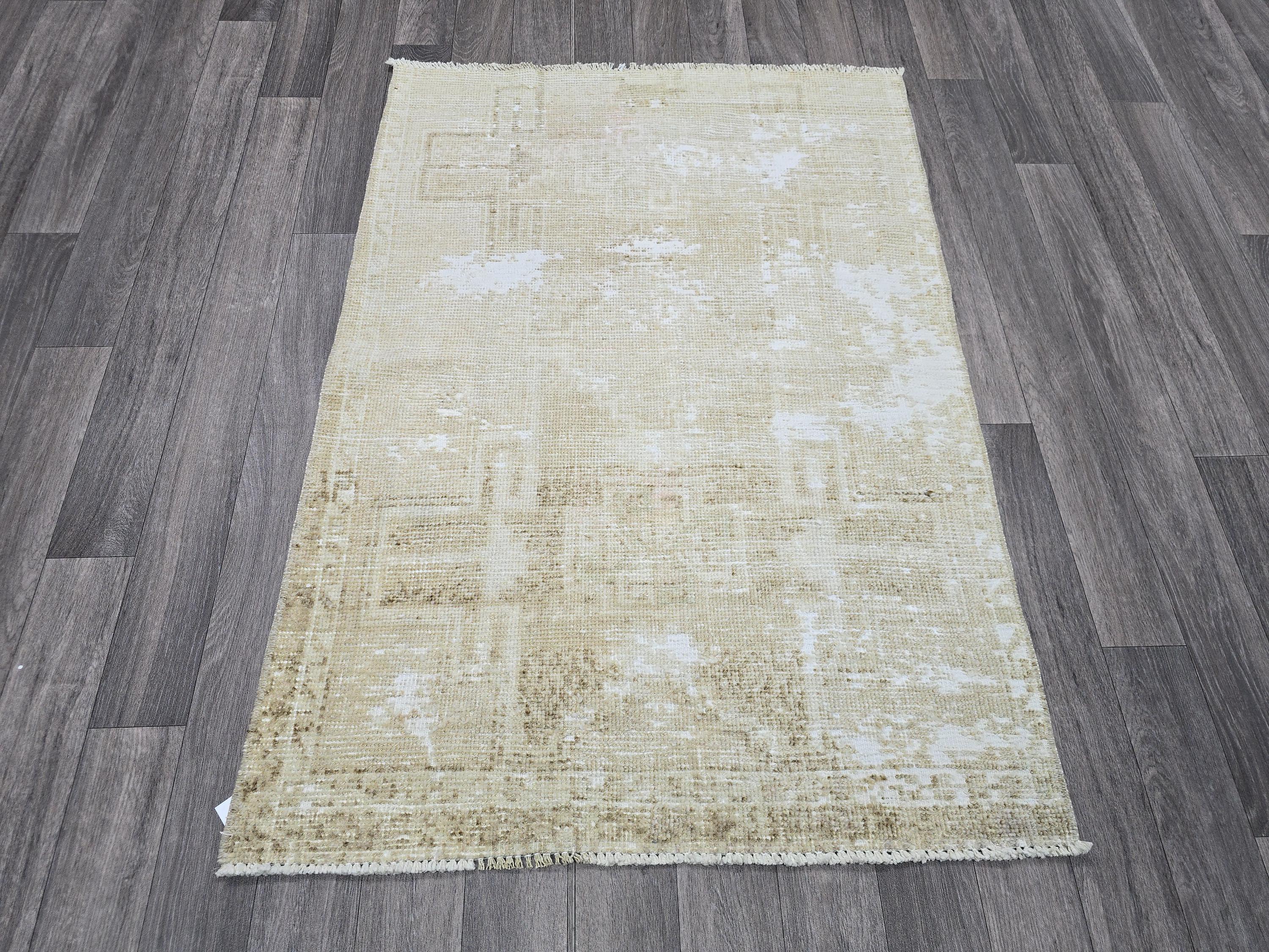 3x4 Neutral Oushak Turkish doormat, wool Vintage Bathmat, Small Turkish Rug