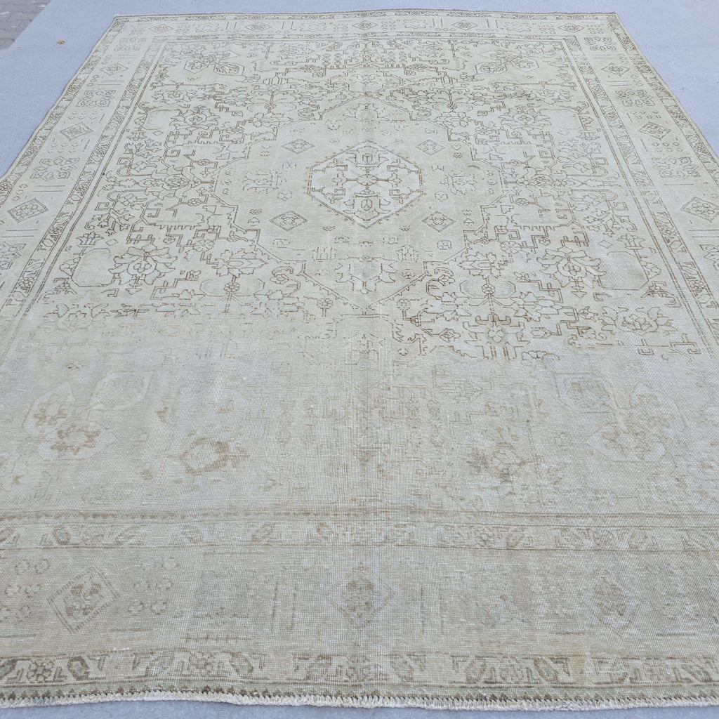 Neutral Turkish Rug 9x12, Vintage Cream Geometric Medallion Hand Knotted Turkish Wool Muted Rug