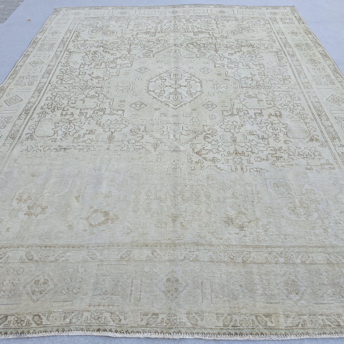 Neutral Turkish Rug 9x12, Vintage Cream Geometric Medallion Hand Knotted Turkish Wool Muted Rug