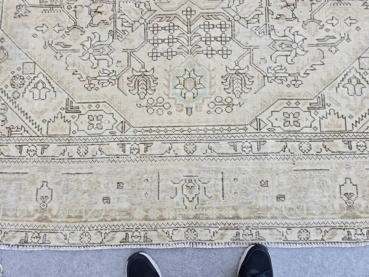 Turkish Rug 8x11, Warm Camel Tribal Medallion Area Rug, Faded Vintage Wool Carpet, Neutral Boho Living Room Bedroom Decor