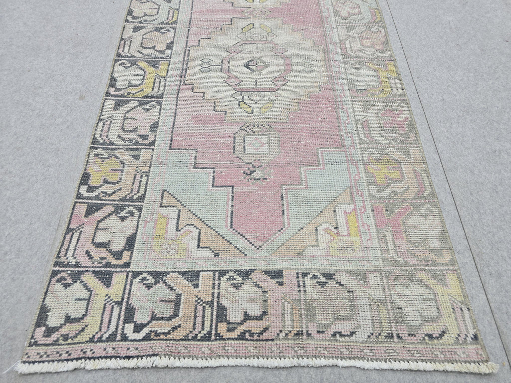 Turkish Rug 3x10, Pastel Pink Runner Rug, Hand Knotted Wool Oushak Runner, Faded Muted Hallway Rug, Vintage Boho Nursery Stair Anatolian rug