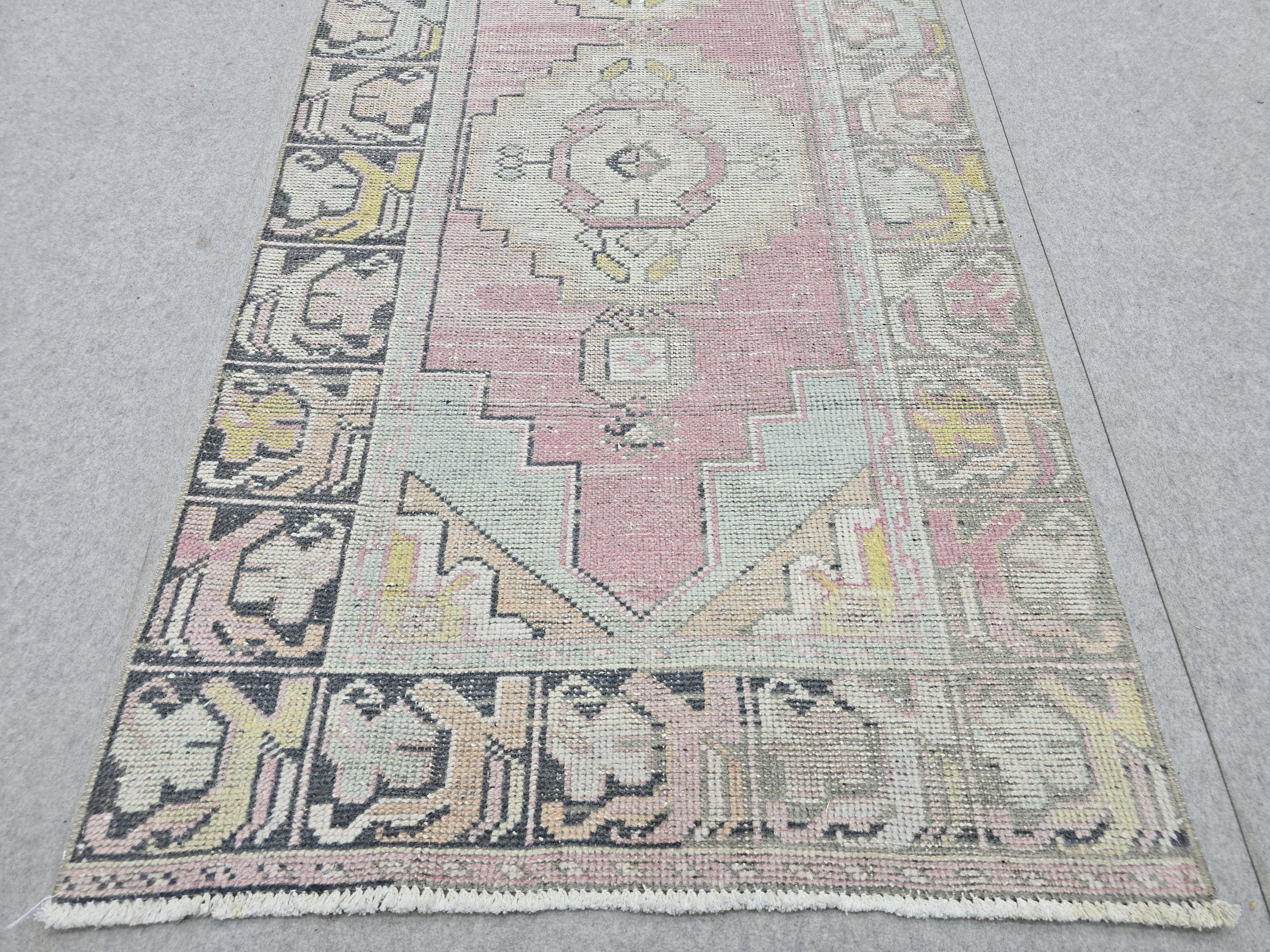 Turkish Rug 3x10, Pastel Pink Runner Rug, Hand Knotted Wool Oushak Runner, Faded Muted Hallway Rug, Vintage Boho Nursery Stair Anatolian rug