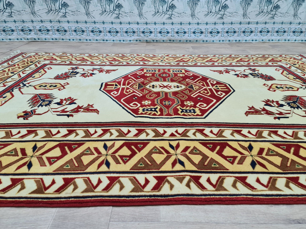 Hand Knotted Wool Rug: 6x9 Vintage Turkish Oushak Geometric Rug