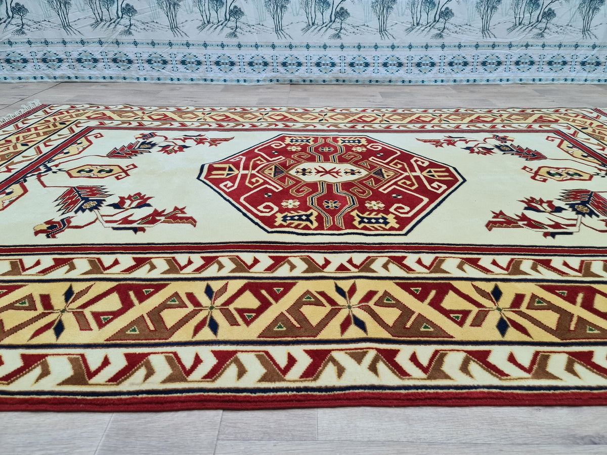 Hand Knotted Wool Rug: 6x9 Vintage Turkish Oushak Geometric Rug