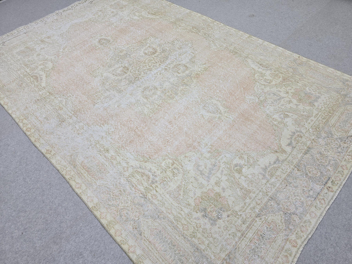Vintage Rug 6x9, Faded Oushak Carpet, Muted Medallion Turkish Area Rug for Bedroom, Distressed Neutral Wool Rug