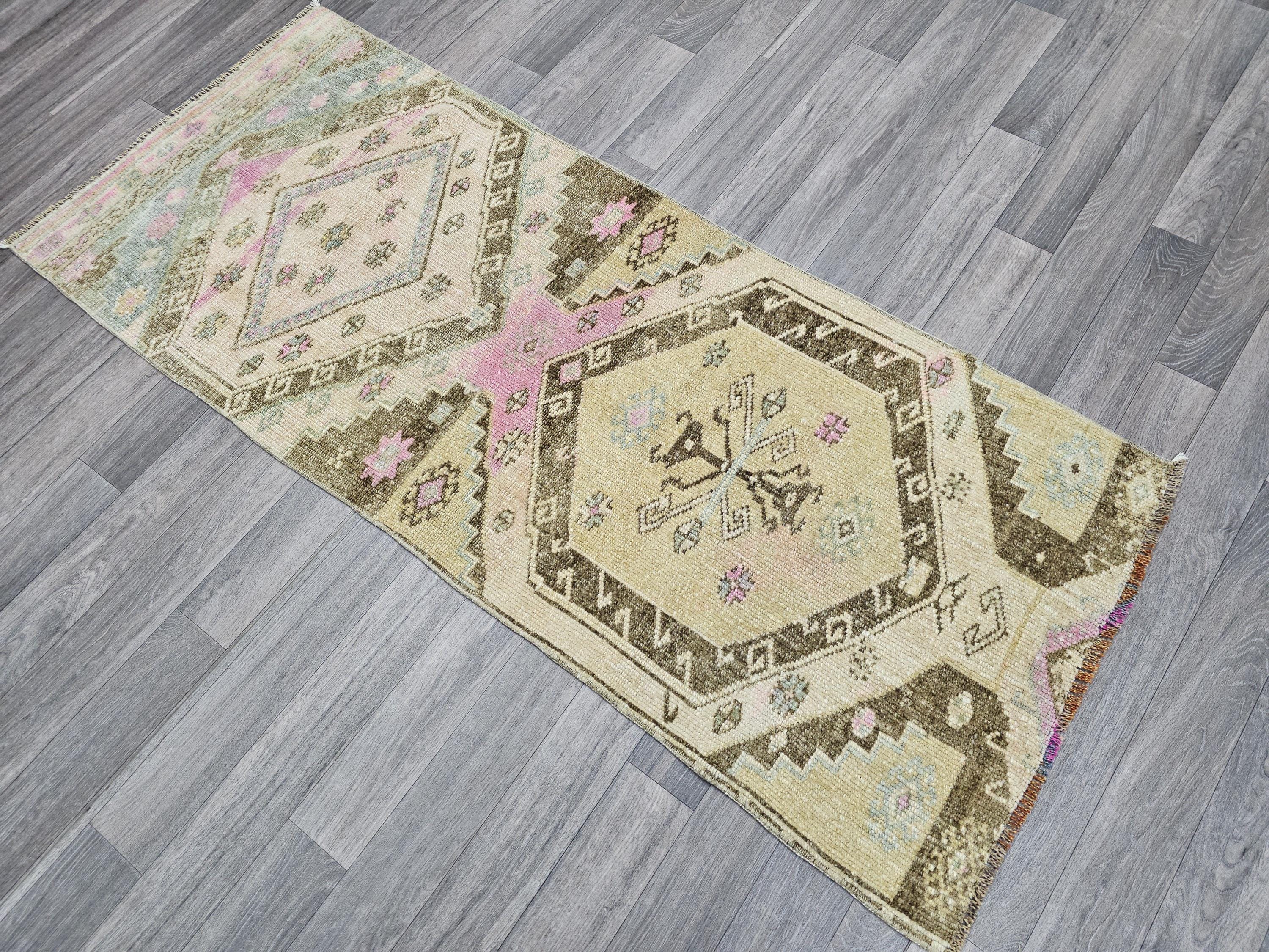 Hand Knotted Turkish Wool Runner Rug: Muted Neutral Colors, 2x6 ft