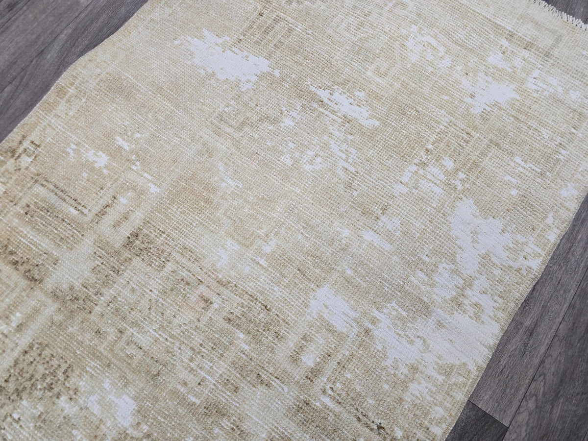 3x4 Neutral Oushak Turkish doormat, wool Vintage Bathmat, Small Turkish Rug