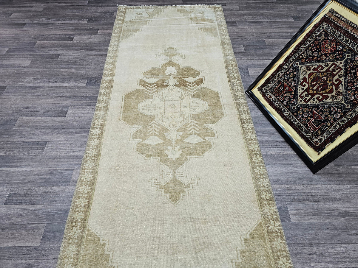 Wide Oushak Runner / 3.50x9.40 feet Hand Knotted Vintage Turkish rug Neutral Color
