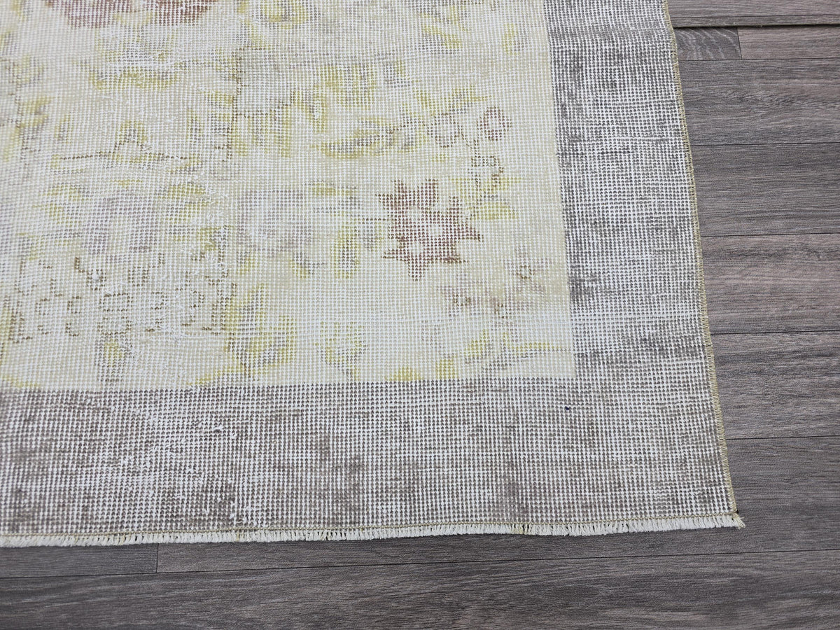 Vintage Oushak Rug: 4x7 Handknotted Wool Ivory Cream Floral Turkish Carpet