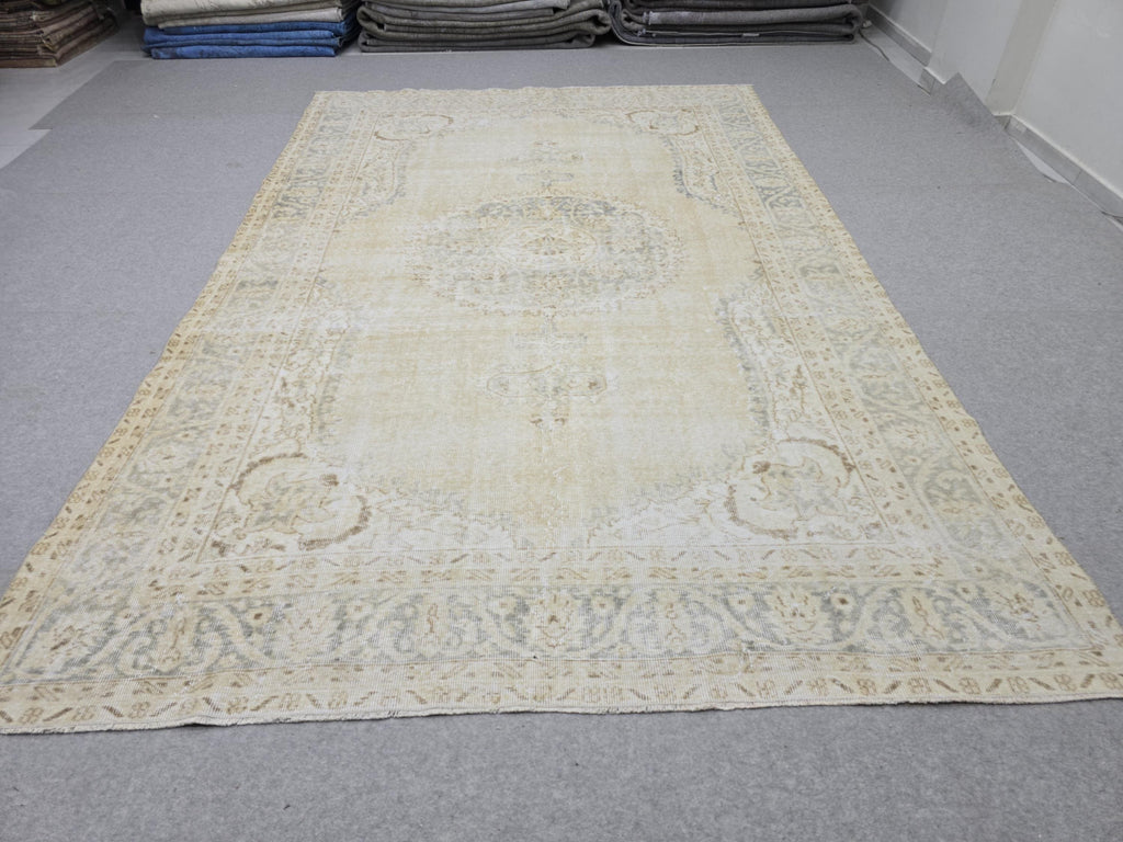 Oushak Rug 7x10, Beige Medallion Antique Turkish Carpet, Faded Muted Handknotted Wool Rug for Living Room Office