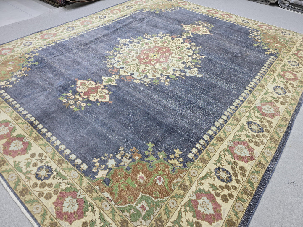 Vintage Turkish Hand-Knotted Wool Rug, Blue Medallion Distressed Area Carpet (10x12)