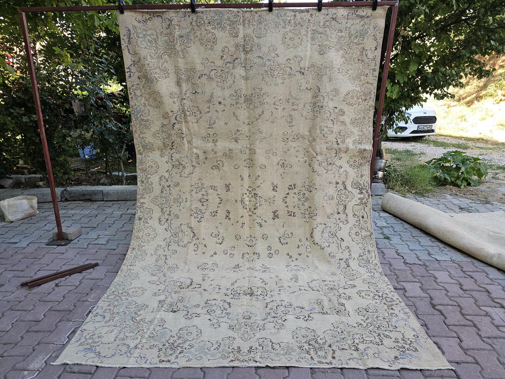 Faded Turkish Wool Rug 7x10: Neutral Oushak Carpet, Beige Cream Brown