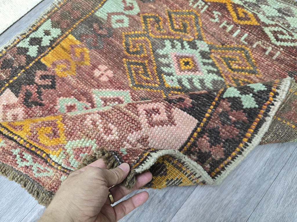 Antique Turkish Wool Rug: Small Oushak Yastik Doormat