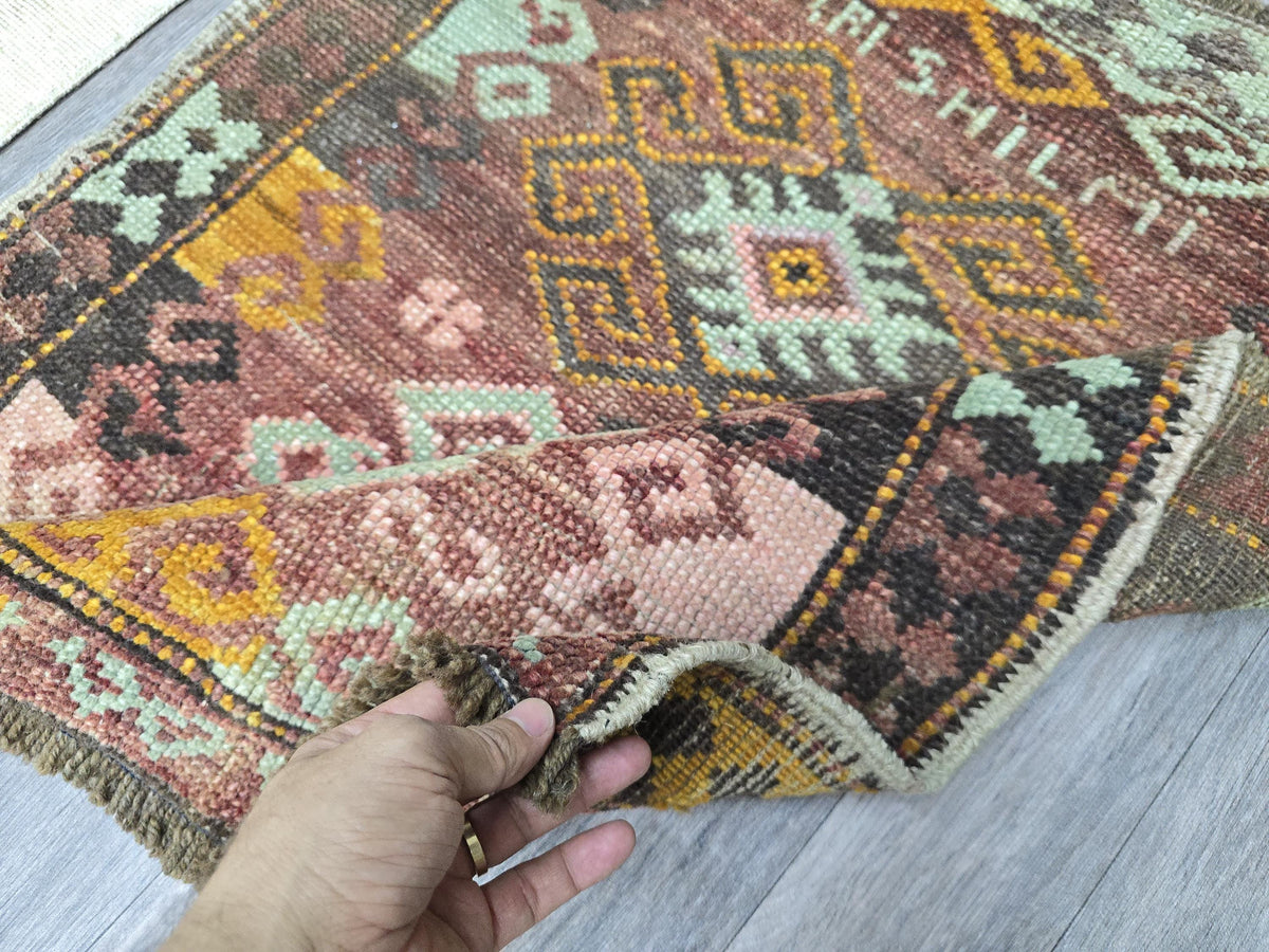 Antique Turkish Wool Rug: Small Oushak Yastik Doormat