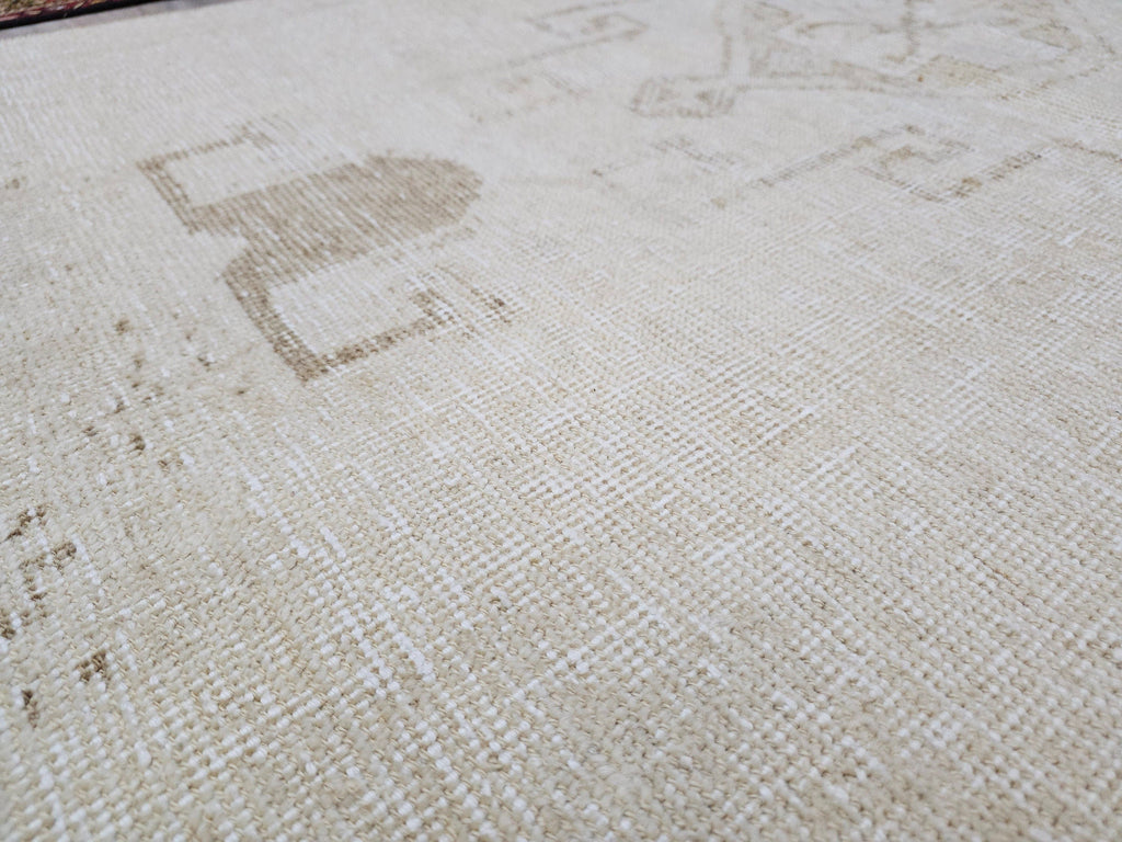 Hand Knotted Wool Oushak Runner Rug: 3x11 Cream Beige Turkish Rug