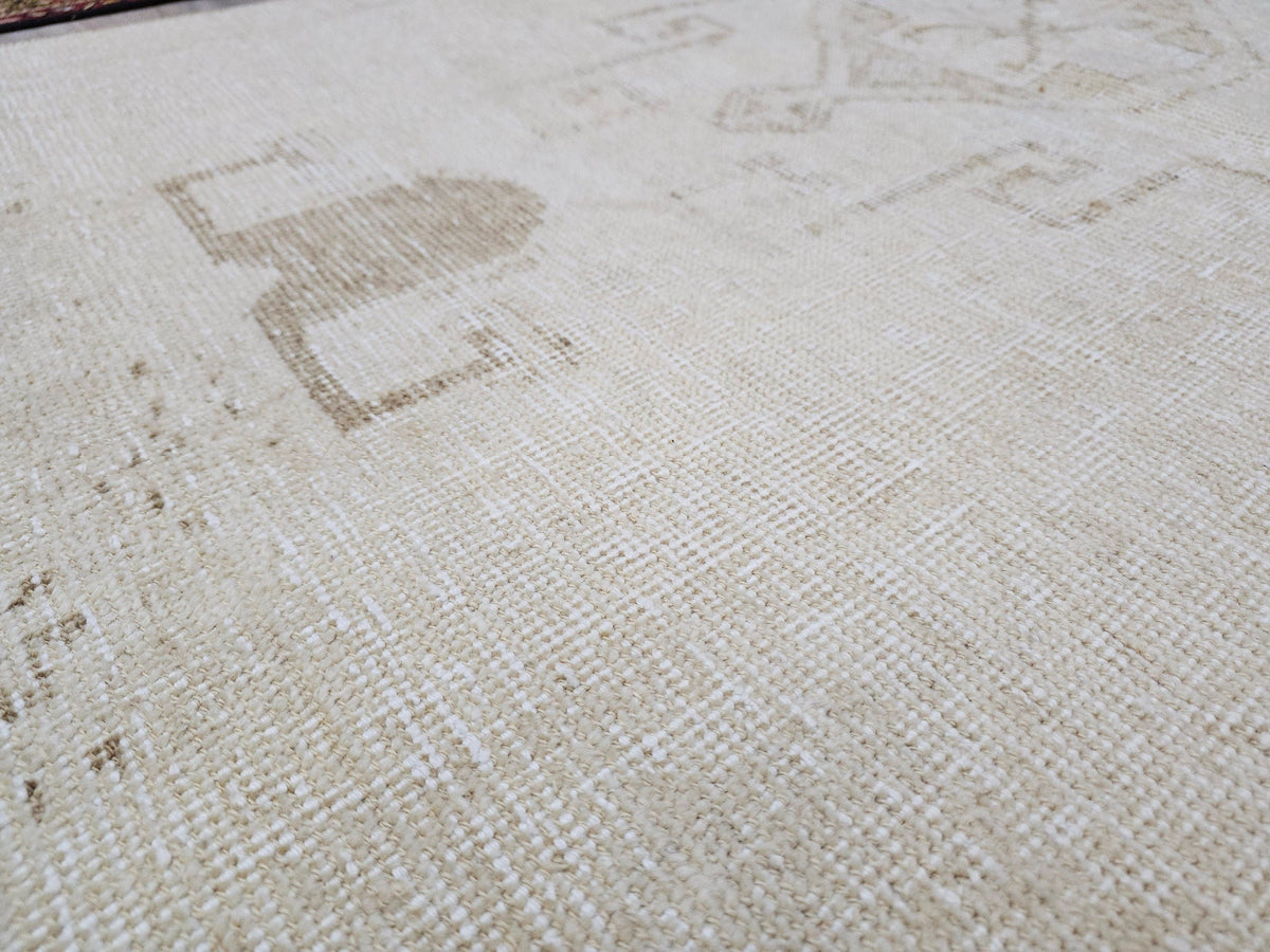 Hand Knotted Wool Oushak Runner Rug: 3x11 Cream Beige Turkish Rug