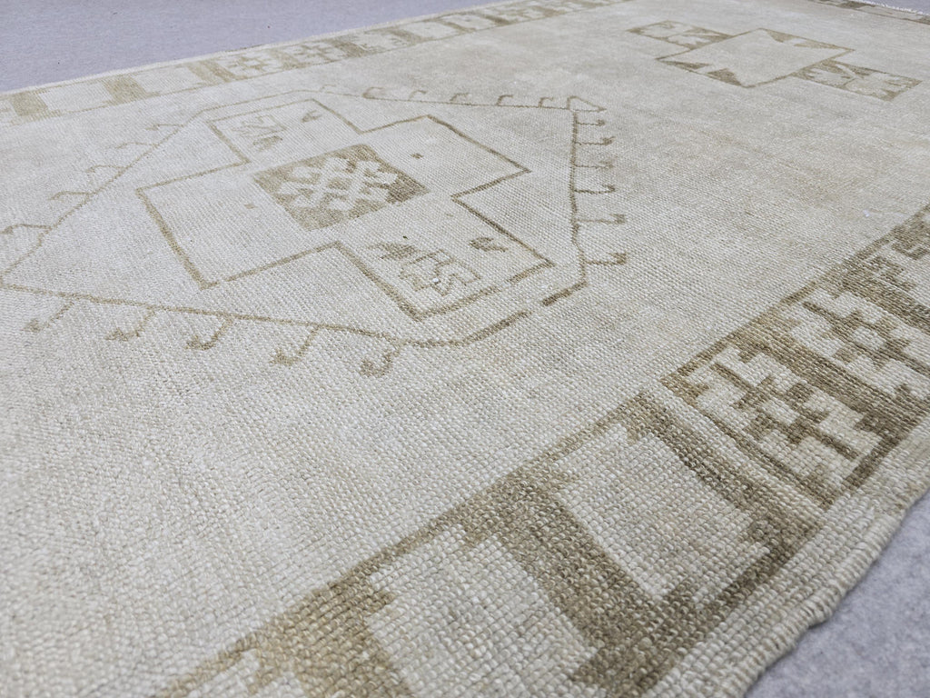 Oushak Rug 4x12, Neutral Runner Rug, Faded Hand Knotted Wool Turkish Runner, Muted Beige Hallway Rug, Vintage Boho Stair Neutral Runner