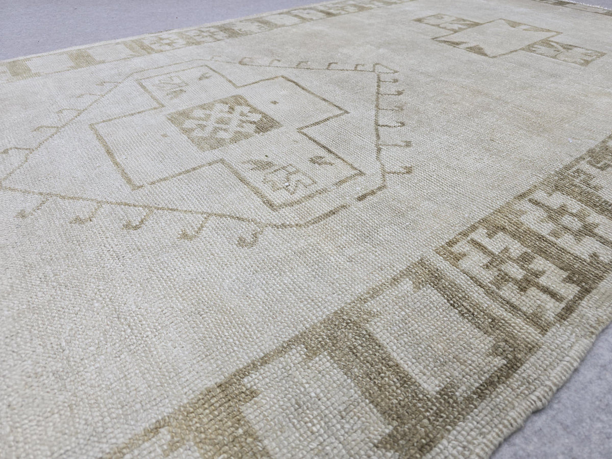 Oushak Rug 4x12, Neutral Runner Rug, Faded Hand Knotted Wool Turkish Runner, Muted Beige Hallway Rug, Vintage Boho Stair Neutral Runner