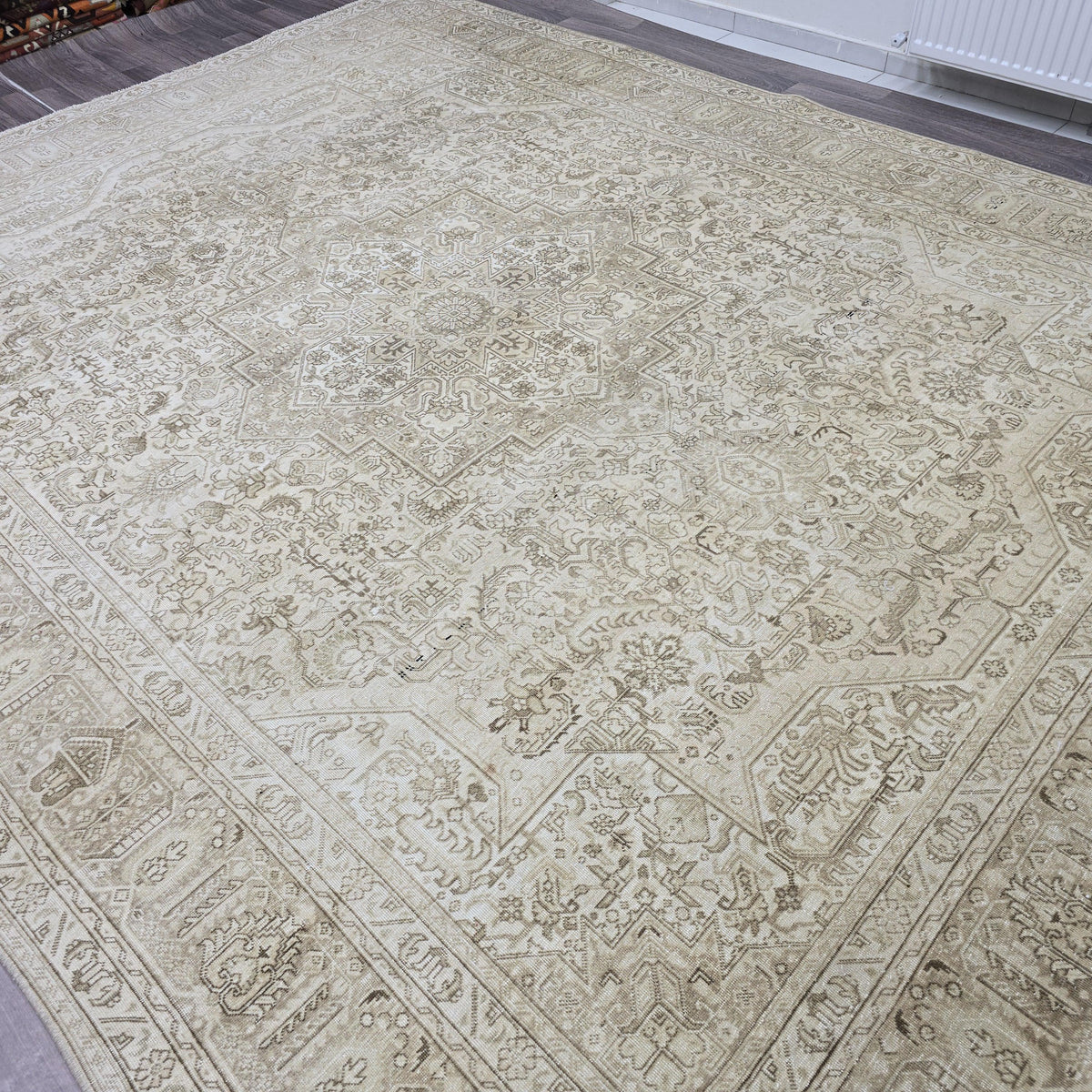 Vintage Rug 9x12 : Hand Knotted Wool Neutral Turkish Oushak Carpet