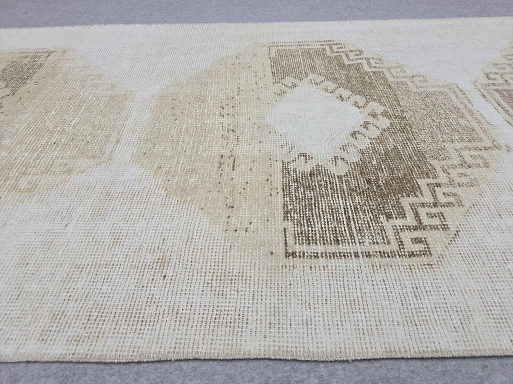 Oushak Rug 3x12, Distressed Neutral Runner, Hand Knotted Wool Turkish Runner, Faded Oatmeal Hallway Rug, Vintage Boho Stair Carpet