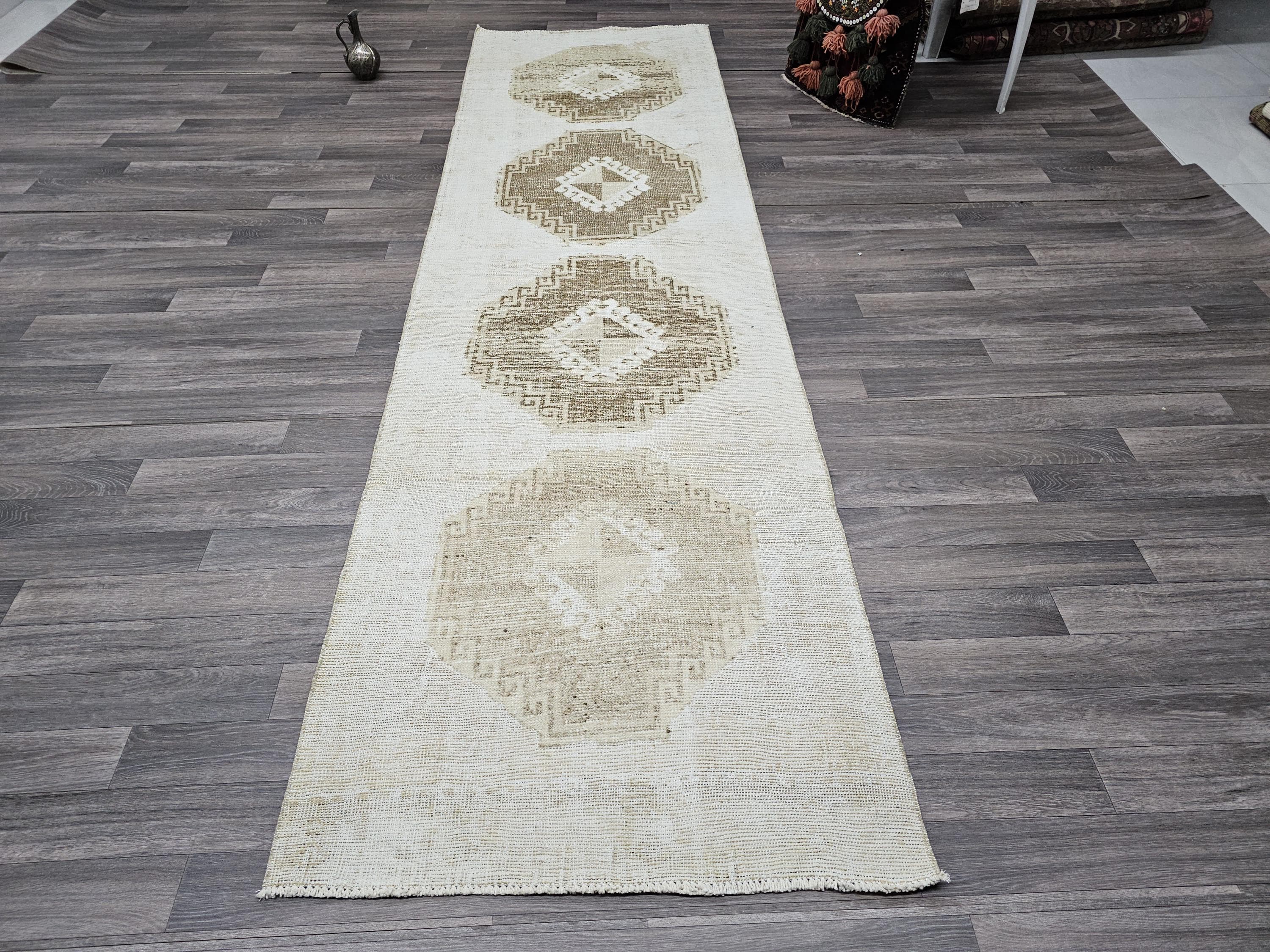 Vintage Hand-Knotted Wool Runner Rug: 3x10.5 ft Beige Brown Oriental