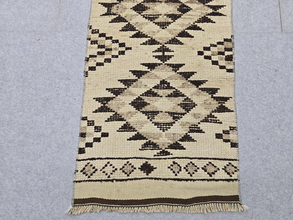 Oushak Runner 2x14, Hand Knotted Vintage Wool Extra Long Hallway Runner rug, Cream Brown Diamond Tribal Anatolian Runner, Boho runner