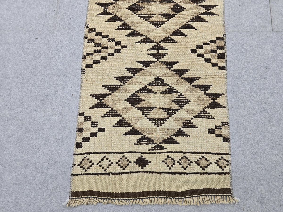 Oushak Runner 2x14, Hand Knotted Vintage Wool Extra Long Hallway Runner rug, Cream Brown Diamond Tribal Anatolian Runner, Boho runner