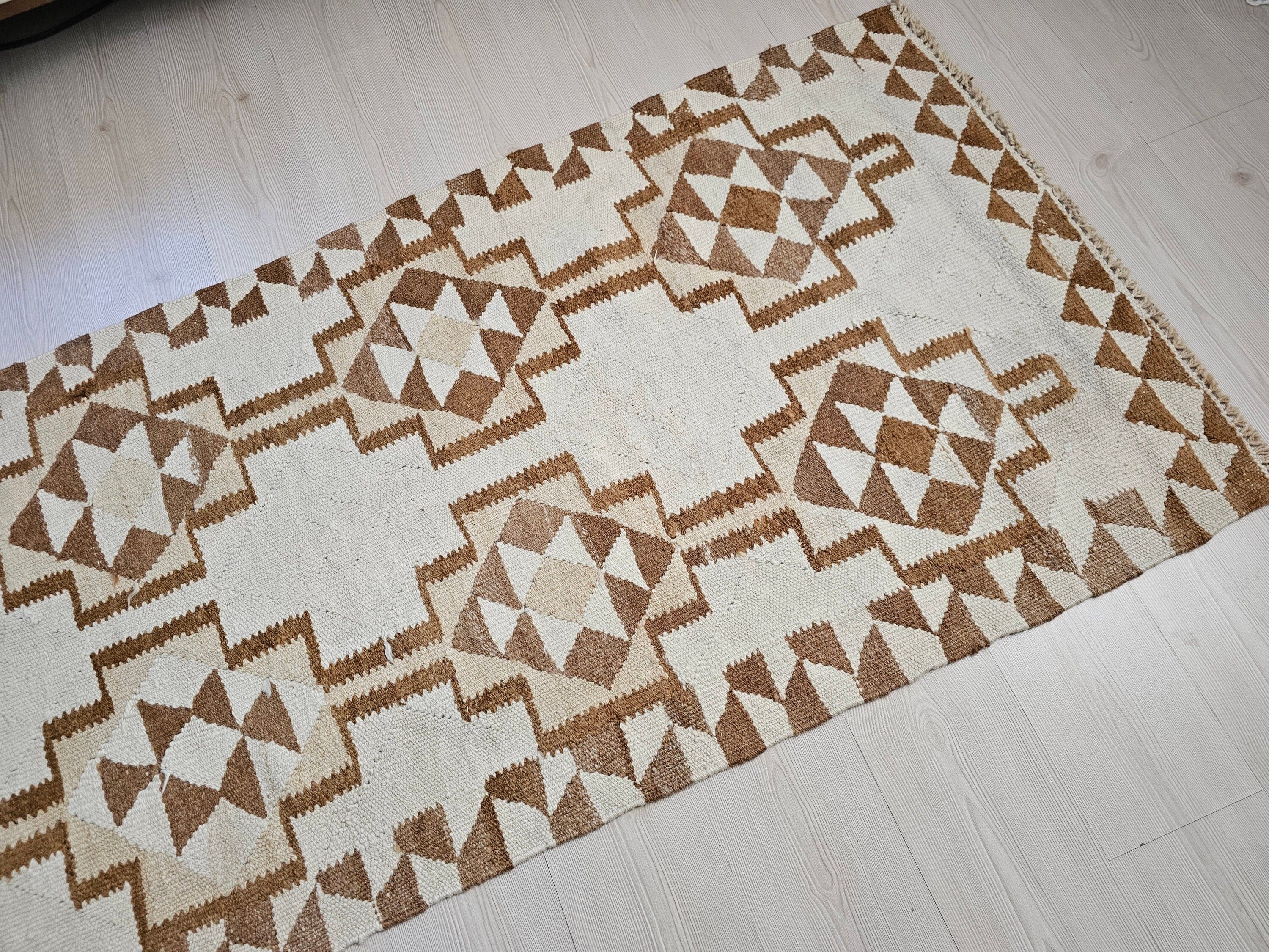 Vintage Turkish Oushak Runner Rug: Neutral Geometric Wool Hallway Rug (3.10x10.70 feet)