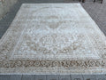 9x12 Hand-Knotted Wool Oushak Rug: Neutral Vintage Floral Carpet
