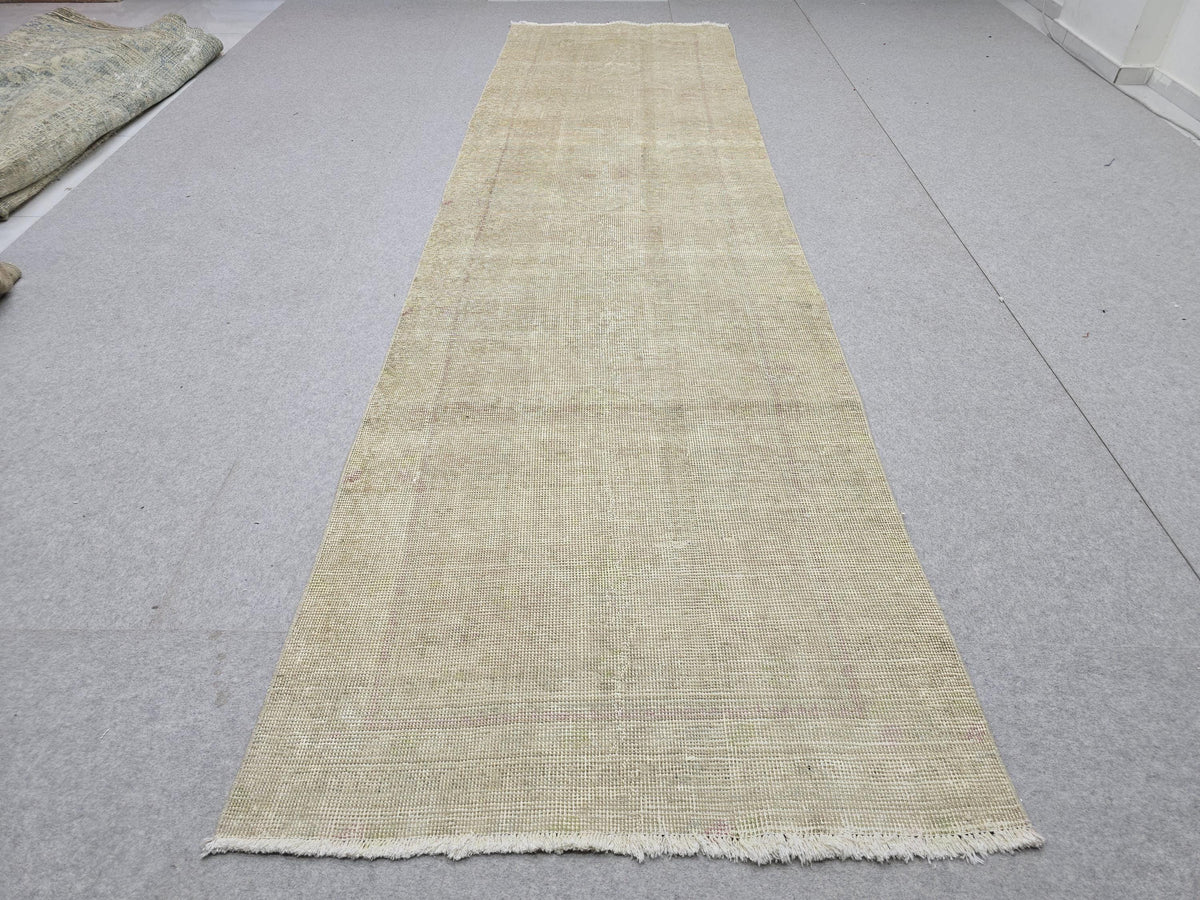 3x12 Oushak Runner Rug, Faded Solid Beige Turkish Wool Hallway Runner, Distressed Minimalist Anatolian Corridor Rug, Neutral Boho Decor