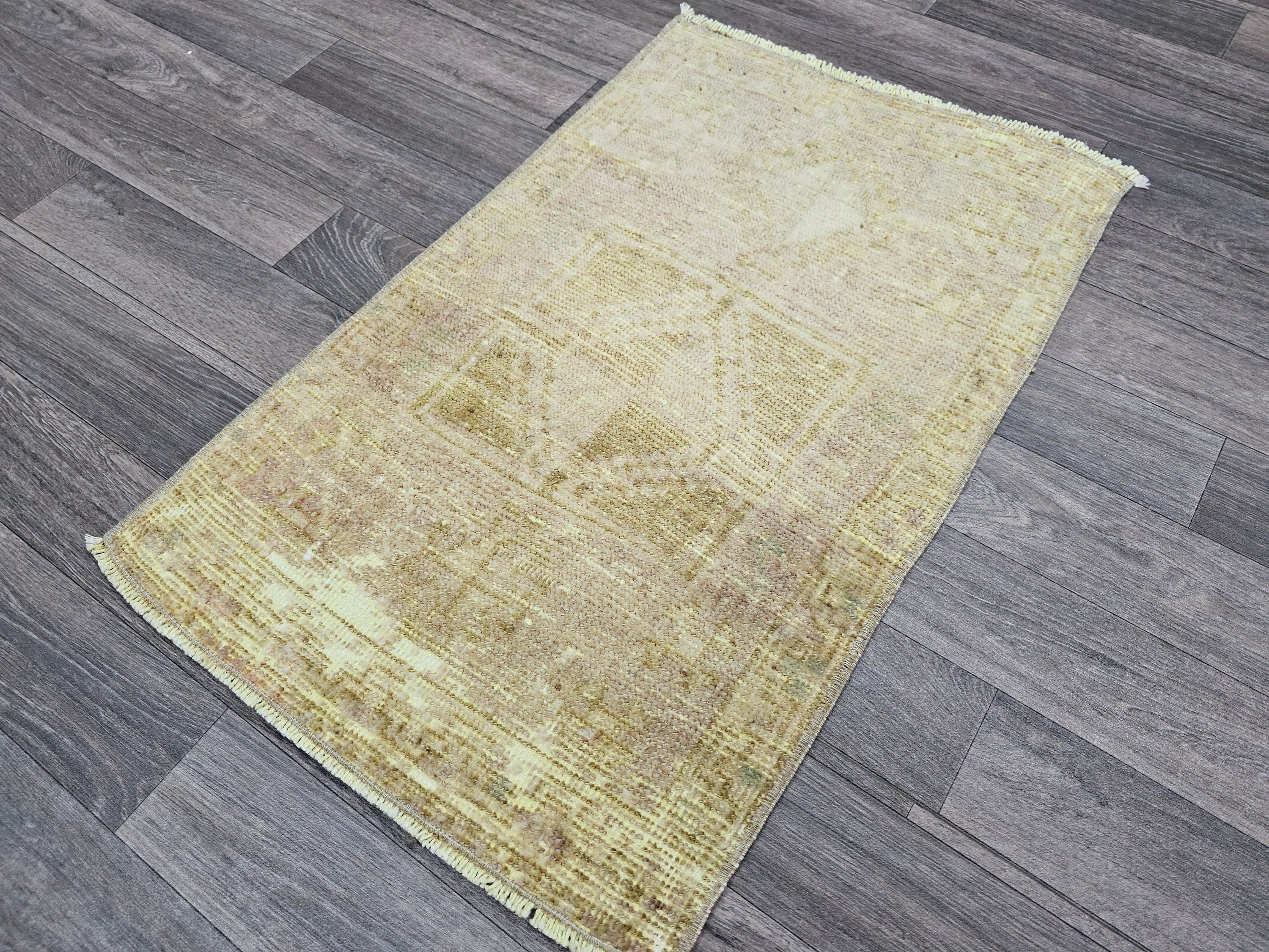 Hand Knotted Wool Bath Mat: 21x33 Neutral Vintage Turkish Oushak Rug