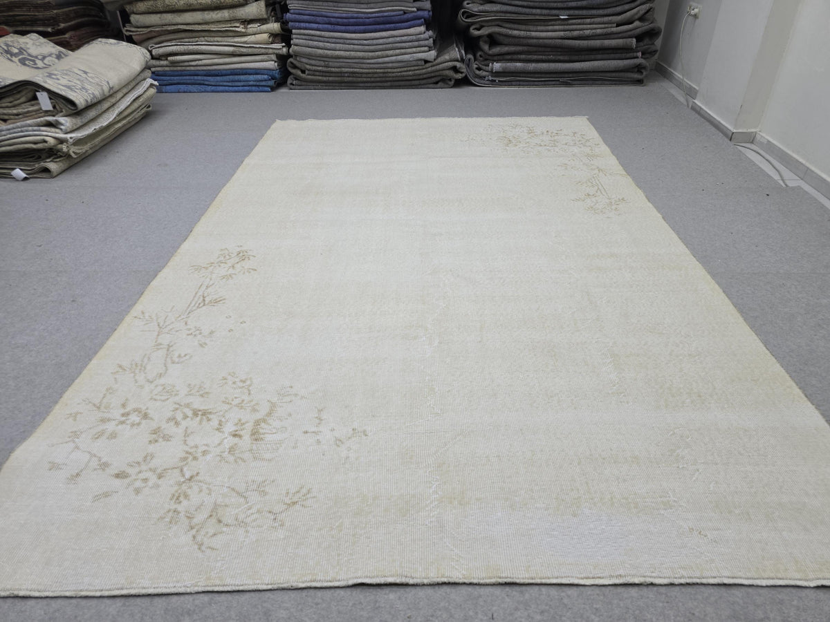 Large Vintage Turkish Rug 7x10, Neutral Beige Area Rug, Hand-Knotted Floral Wool Carpet, Muted Aesthetic Home Decor, Soft Cream Oushak Rug