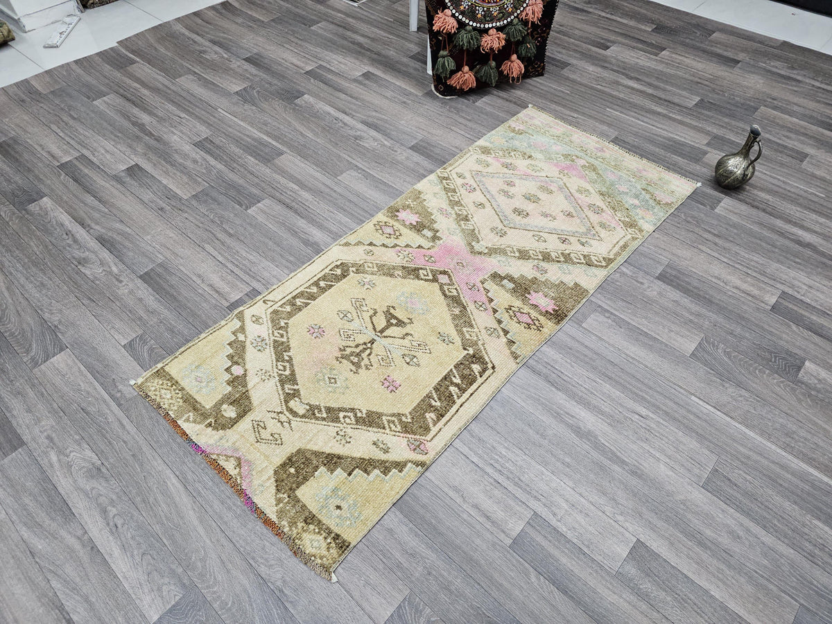 Hand Knotted Turkish Wool Runner Rug: Muted Neutral Colors, 2x6 ft