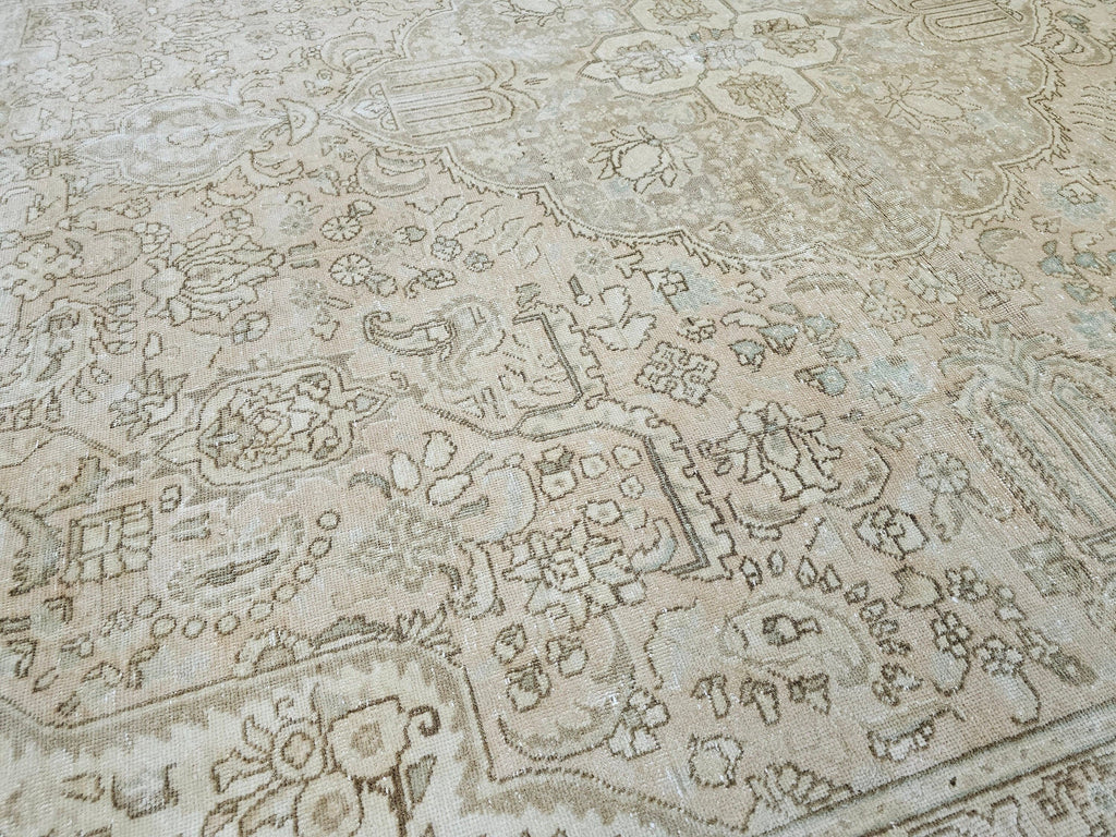 9x12 Wool Oushak Rug: Neutral Beige Faded Turkish Area Rug